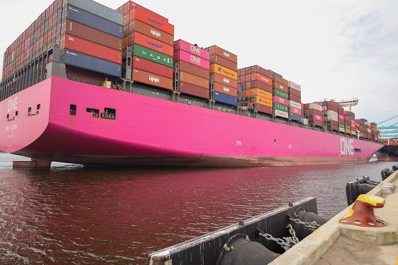 Pink container ship docks at JAXPORT