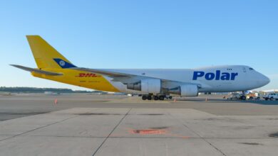 Half white-half mustard jumbo jet for Polar Air Cargo. Side view on tarmac.
